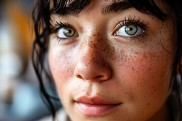 Close-up portrait of a young woman with striking eyes and freckles, showcasing natural beauty and sincere expression.
