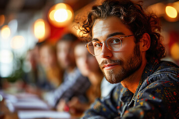 Close-up portrait of a stylish young man with glasses, in a trendy denim jacket, smiling indoors with a group of people in the background.