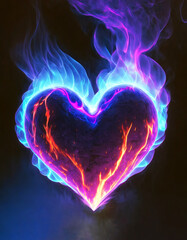 burning neon heart with smoke in the dark