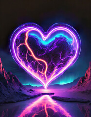 lava neon heart in the night sky with aurora