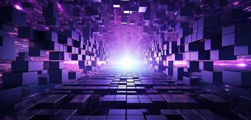 Abstract digital pixel design with a cosmic theme in purple and silver on a 3D wall, reflecting abstract digital pixel design