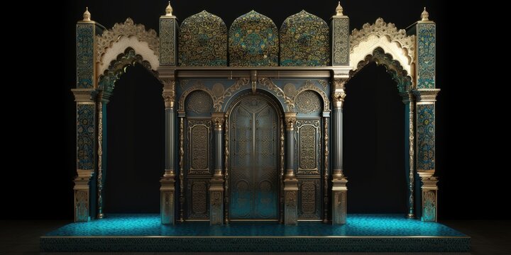 Door Design Indian and Arabic Style Blue Golden Yellow Black Background Color LED Wall VJ Created with Generative AI Technology