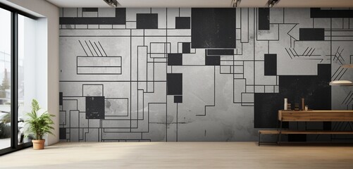 Abstract digital pixel design with a chalkboard effect in black and white on a 3D wall texture, depicting abstract digital pixel design - obrazy, fototapety, plakaty