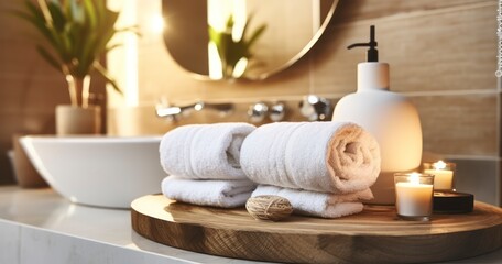 Spa essentials and towels on wooden tray in bathroom, essential oil. Warm lighting in spa resort, Spa products set conception. Generative AI - obrazy, fototapety, plakaty