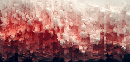 Abstract digital pixel design of an underwater coral reef in red and white on a 3D wall texture, capturing abstract digital pixel design