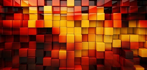 Abstract digital pixel design maze-like pattern in red and yellow on a 3D wall texture, featuring abstract digital pixel design