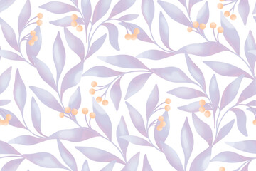 Seamless floral pattern, abstract flower print in vintage motif. Elegant botanical design: watercolor drawing of a branch with large leaves, small berries on a white surface. Vector illustration.