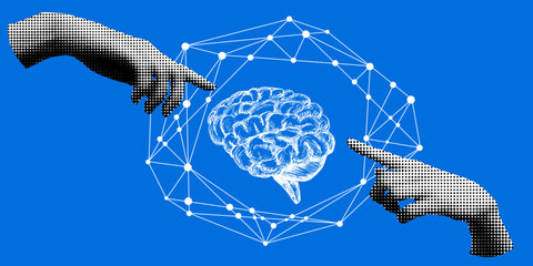 Modern collage with halftone hands and human brain. Retro halftone hands reach out to the brain. Concept of neural connections in the brain. Knowledge concept. Idea generation. Teamwork