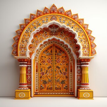 Door Design Indian and Arabic Style Red Yellow Golden White Color LED Wall VJ Created with Generative AI Technology