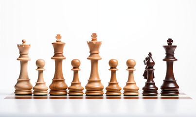 Chess pieces on a chessboard on white background
