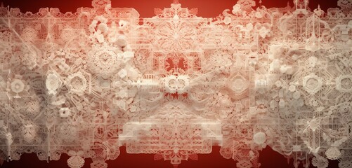 Abstract digital pixel design with a vintage lace pattern in red and white on a 3D wall, focusing on abstract digital pixel design