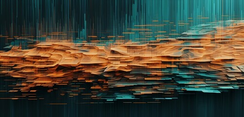 Abstract digital pixel design in a water ripple effect in aqua and copper on a 3D wall texture, capturing abstract digital pixel design