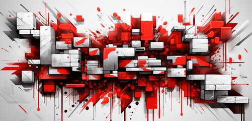 Abstract digital pixel design with a modern graffiti style in red and white on a 3D wall, embodying abstract digital pixel design