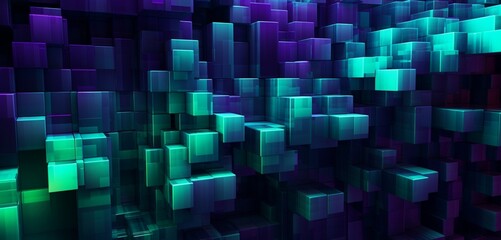 Abstract digital pixel design featuring a geometric fractal in purple and green on a 3D textured wall, exemplifying abstract digital pixel design