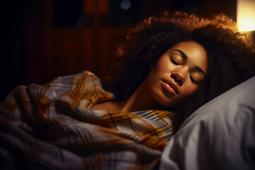 Beautiful african american woman sleeping under blanket in bed at night