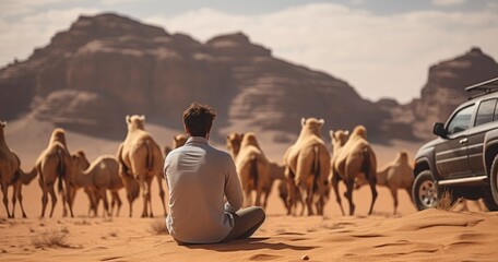 A Young Man's Harmonious Bond with Camels in the Sun-Drenched Desert. Generative AI - obrazy, fototapety, plakaty