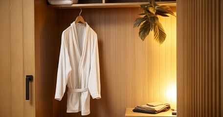A Bathrobe's Perfect Placement on a Clothes Hanger Within a Well-Organized Wardrobe. Generative AI - obrazy, fototapety, plakaty