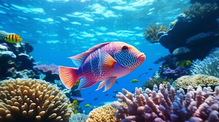 Fototapeta premium A Wrasse (Labridae) in a playful interaction with a cleaner fish, set against a backdrop of a pristine coral reef.