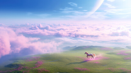 Horse running in magic field with violet clouds