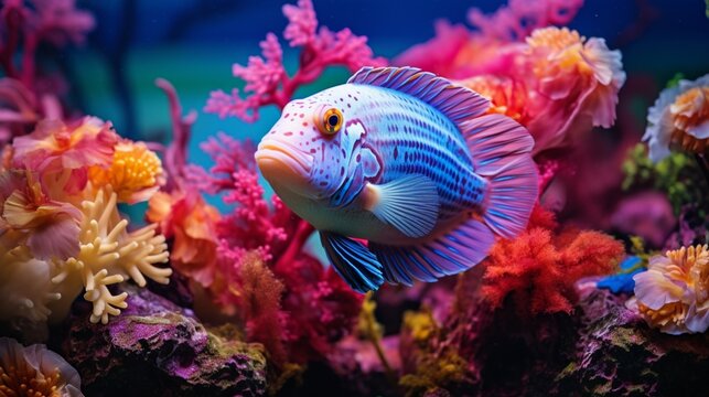 A Wrasse (Labridae) in a playful interaction with a cleaner fish, set against a backdrop of a pristine coral reef.