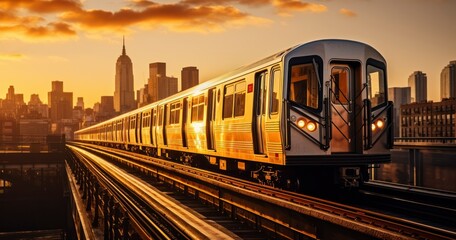 Obraz premium A Train's Graceful Traverse Illuminated by the Soft Light of Sunset. Generative AI