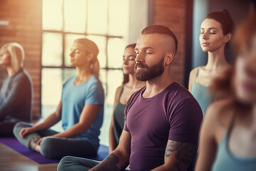 Group of young people in yoga class. - obrazy, fototapety, plakaty