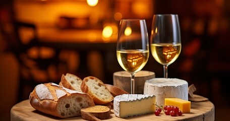 Enjoying Fine French White Wine, Complemented by an Array of Traditional Cheeses and Fresh Bread. Generative AI