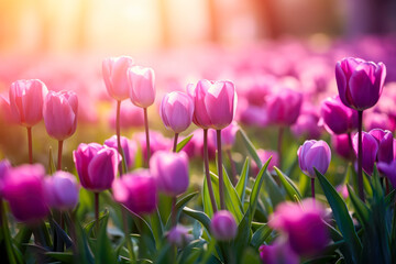 Pink tulips in the garden. Spring flowers. Nature background.