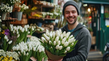 handsome florist holding tulips bouquet in flower shop - obrazy, fototapety, plakaty