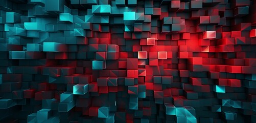 Abstract digital pixel design featuring angular lines in turquoise and maroon on a 3D wall, accentuating abstract digital pixel design