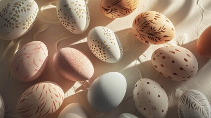 group of painted colorful eggs, seasonal Easter decoration, holiday celebration concept - obrazy, fototapety, plakaty