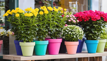 Fototapeta na wymiar Colorful flower pots with flowers in shop