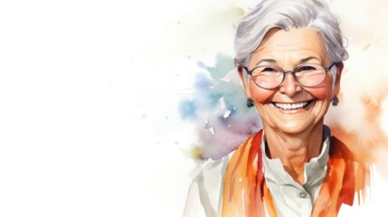 watercolor portrait of cheerful elder woman,isolated on white background