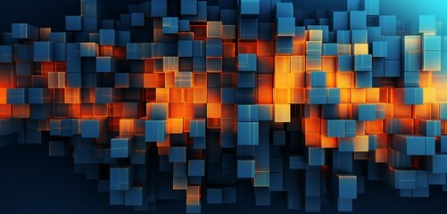 Abstract digital pixel design with geometric shapes in blue and orange on a 3D wall texture, emphasizing abstract digital pixel design - obrazy, fototapety, plakaty