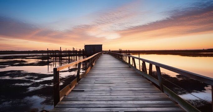 The Warm Glow of Sunset on a Picturesque Wooden Boardwalk. Generative AI © Ilham