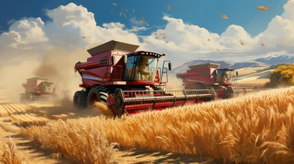 Obraz premium Combine harvester in wheat field