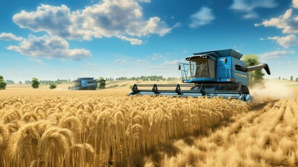 Obraz premium Combine harvester working on wheat field