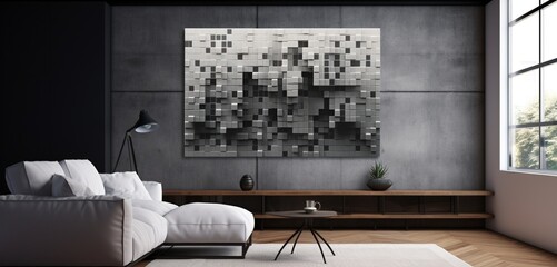 Abstract digital pixel design with a chalkboard effect in black and white on a 3D wall texture, depicting abstract digital pixel design
