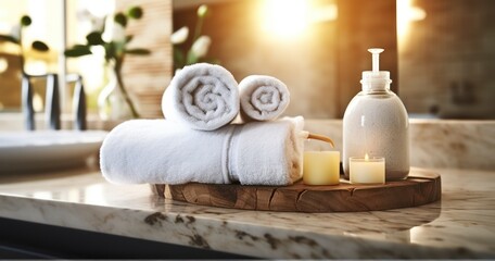 The Allure of Warm Lighting with Spa Essentials on a Wooden Tray. Generative AI