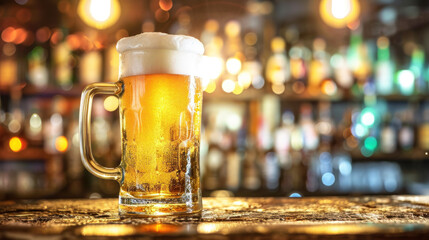 Glass of cold lager beer on bar counter - obrazy, fototapety, plakaty