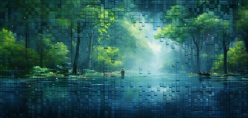 Abstract digital pixel design of a tranquil pond scene in blue and green on a 3D textured wall, focusing on abstract digital pixel design