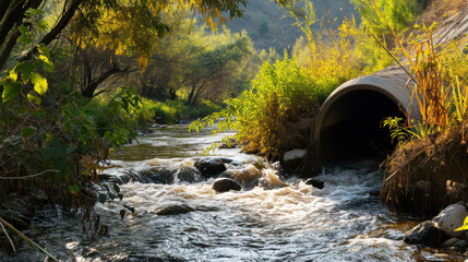 Wastewater flowing out of pipe, environmental pollution concept - obrazy, fototapety, plakaty