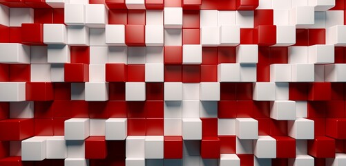 Abstract digital pixel design in a pattern of vintage tiles in red and white on a 3D wall, capturing abstract digital pixel design