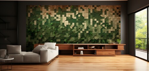 Abstract digital pixel design of a forest scene in green and brown hues on a 3D wall texture, capturing abstract digital pixel design