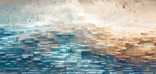 Abstract digital pixel design in a ripple effect in aquamarine and sand colors on a 3D wall, reflecting abstract digital pixel design - obrazy, fototapety, plakaty