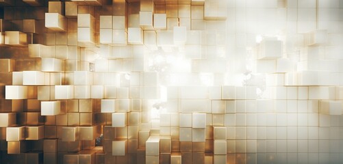 Abstract digital pixel design in a lattice structure in gold and ivory on a 3D wall, displaying abstract digital pixel design