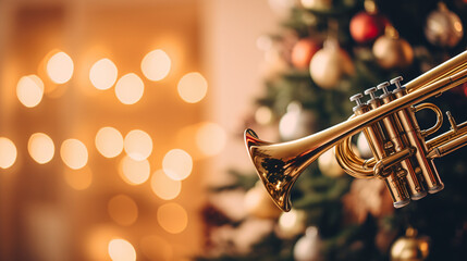 A close up of a trumpet in front of a christmas