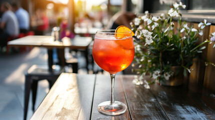 Glass of Aperol Spritz cocktail on restaurant table served outside