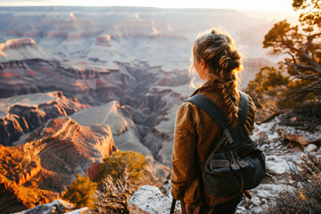 Young woman with a backpack enjoys the sunset view at Grand Canyon National Park, representing travel and adventure.