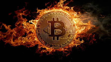Golden Bitcoin engulfed in flames on black background - rising price concept